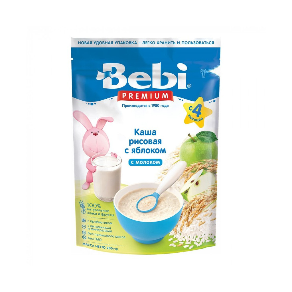 Дитяча каша Bebi Premium Рисова молочна з яблуком +4 міс. 200 г (8606019653132) - зображення 1