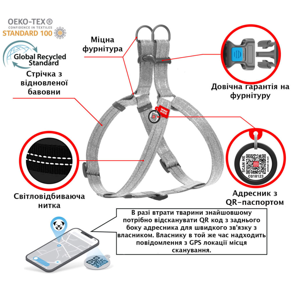 Шлея для собак WAUDOG Re-cotton з QR-паспортом М салатова (03325) - зображення 4