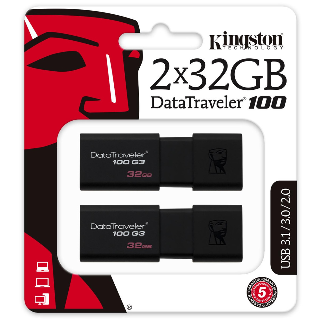 USB флеш накопичувач Kingston 2x32GB DataTraveler 100 G3 USB 3.1 (DT100G3/32GB-2P) - зображення 4