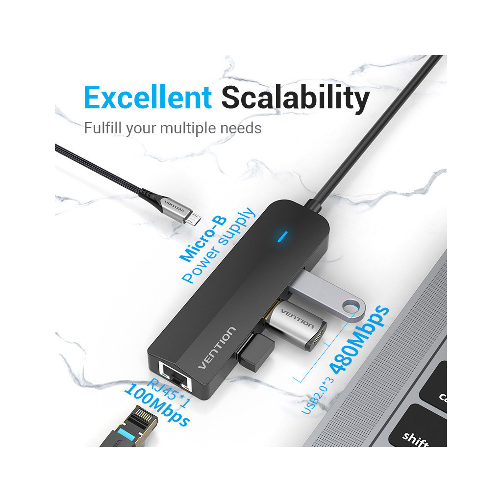 Концентратор Vention USB 3.1 Type-C to 3xUSB 2.0+MicroUSB+RJ45 100M Ethernet black (TGOBB) - зображення 3