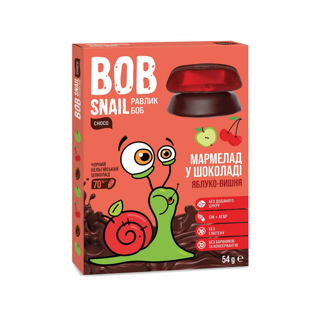 Мармелад Bob Snail Яблуко Вишня в чорному шоколаді 54 г (4820219340928) - зображення 1