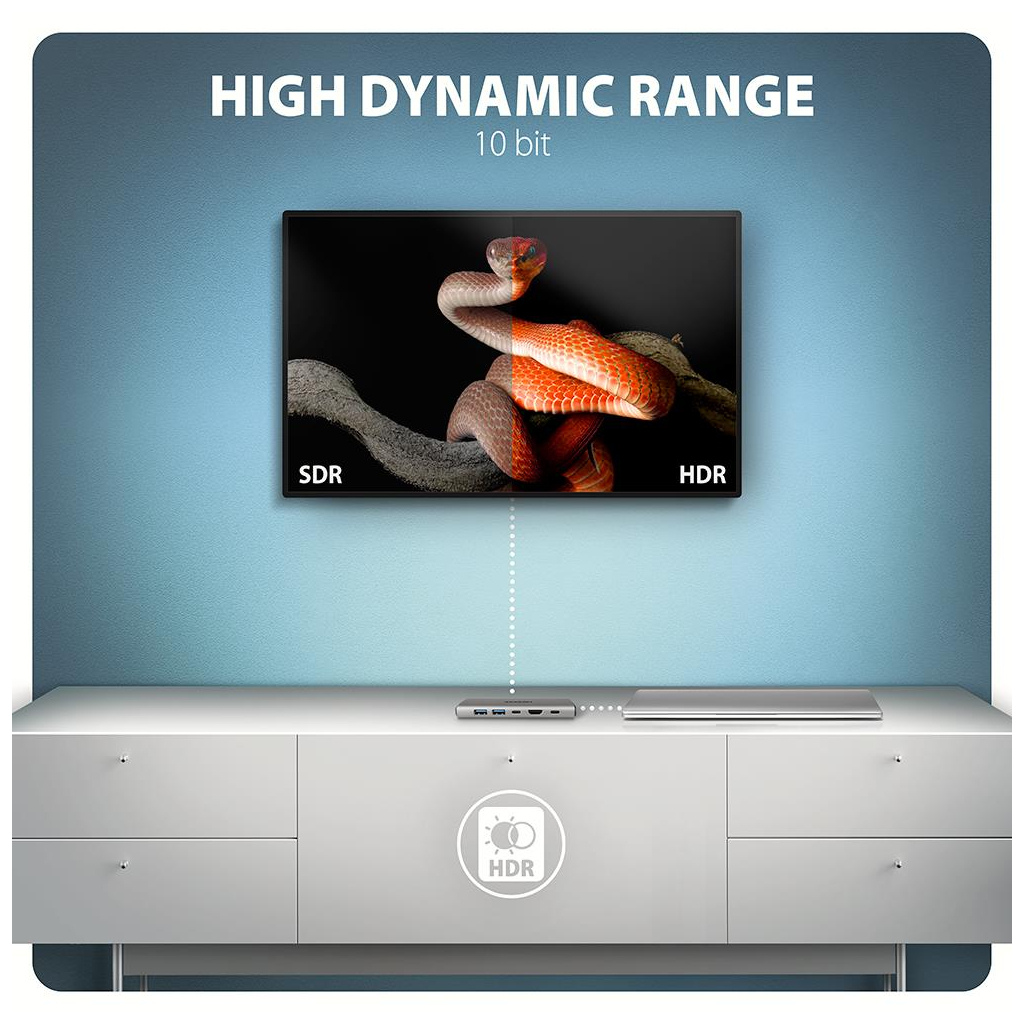 Концентратор AXAGON USB-C to 2xUSB-A + 1xUSB-C + HDMI + RJ45 + PD100W 0.15m gray (HMC-6G2L) - зображення 7