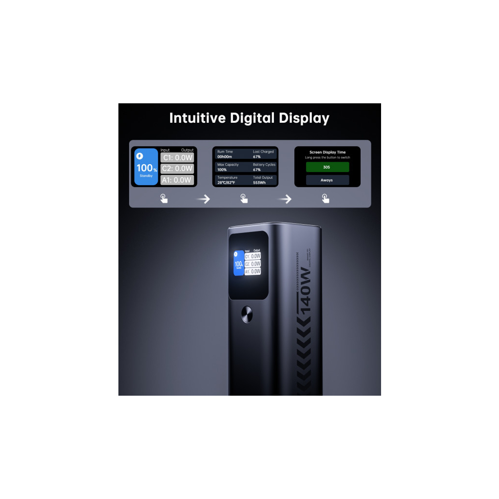 Батарея універсальна Choetech 27000mAh, PD/140W in/out, 2*USB-C/PD5.0, QC3.0/22W, TFT Display (B670-CCGY) - зображення 8