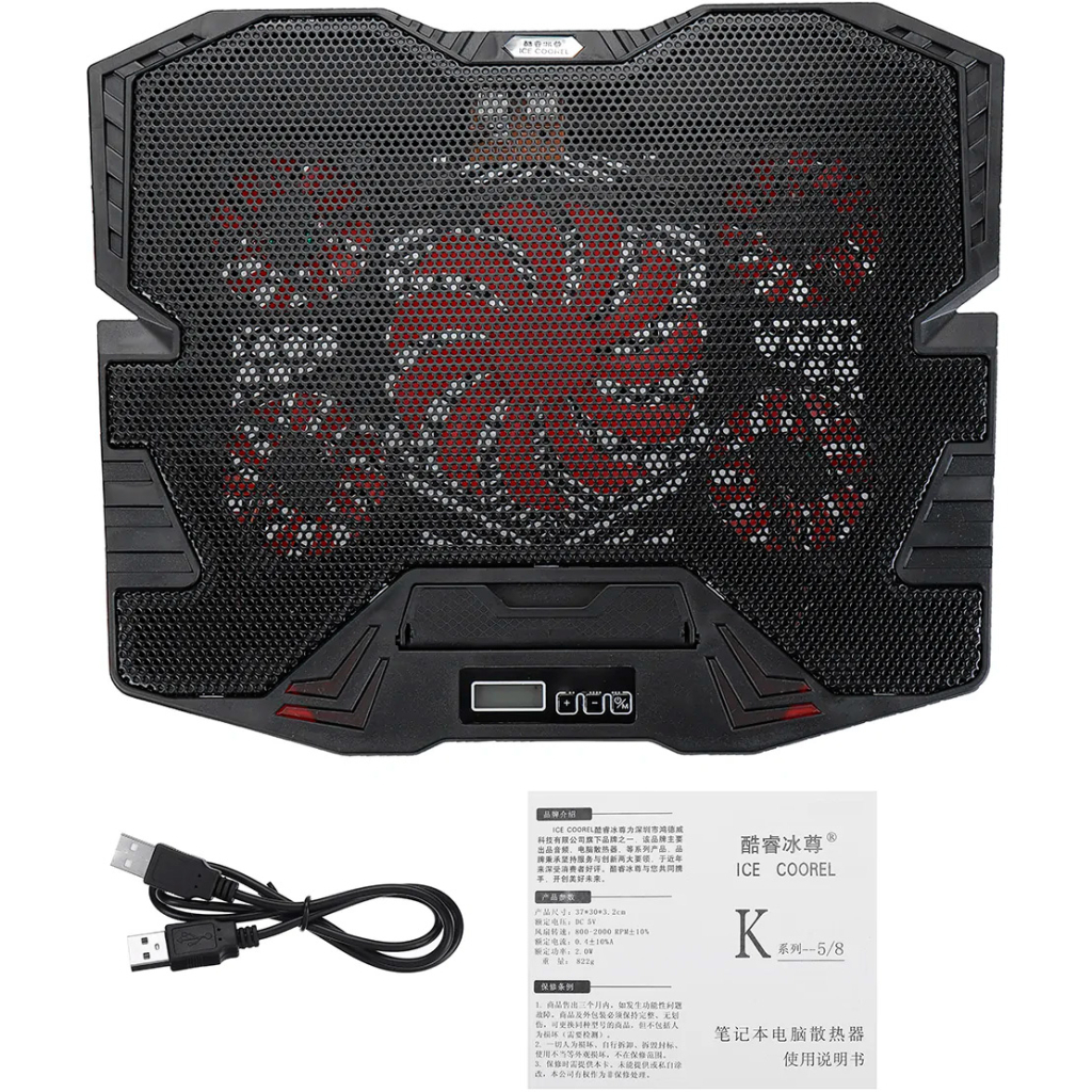 Підставка до ноутбука IceCoorel 10-15", 1*125mm 1400 RPM + 4*70mm 2500 RPM, 2*USB, 365x297x30mm, Red (K5Red) - зображення 9