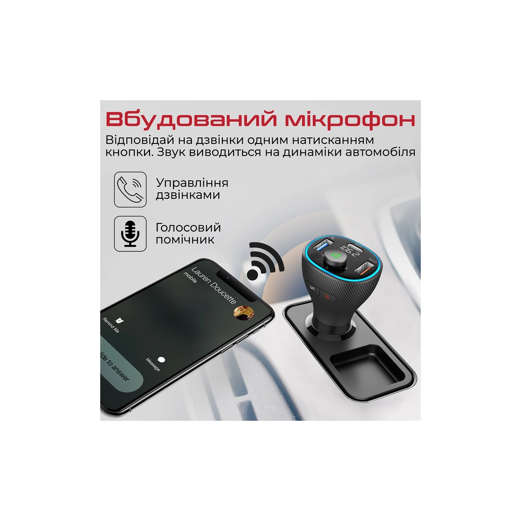 FM модулятор Promate PowerTune 38w USB-A OTG/USB-A QC3.0/USB-C PD Black (powertune-38w.black) - изображение 4