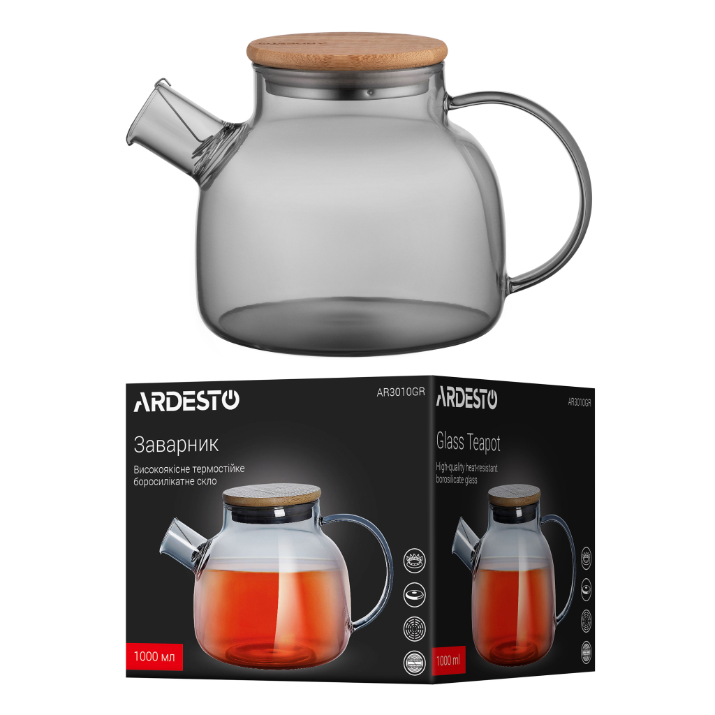 Заварник Ardesto Graphite, 1000мл, боросилікатне скло, бамбук, cірий (AR3010GR) - изображение 6
