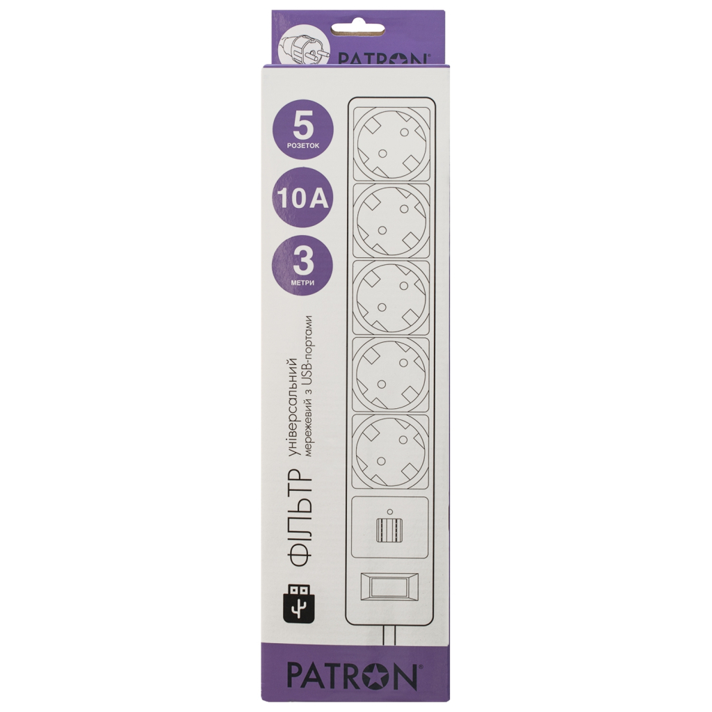 Мережевий фільтр живлення Patron 3m + 2 USB 2.0, 2.1A, 5 роз. White (EXT-PN-SP-53-USB-W) - зображення 2