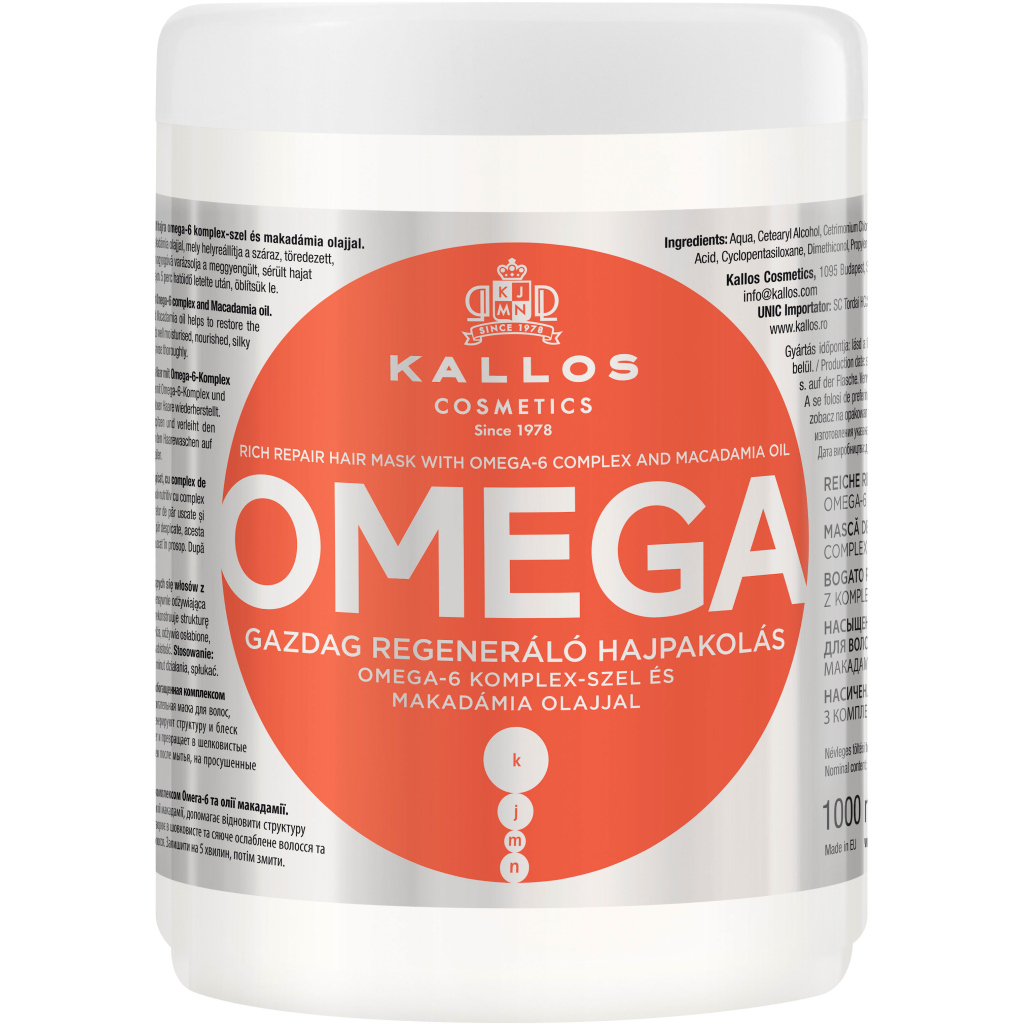 Маска для волосся Kallos Cosmetics Omega Відновлювальна з комплексом Омега-6 та олією макадамії 1000 мл (5998889511524) - зображення 1