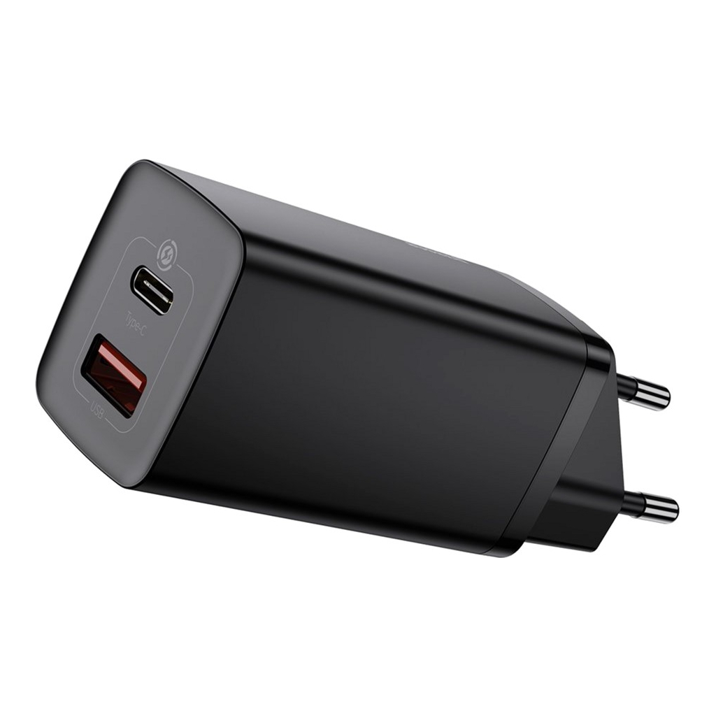 Зарядний пристрій Baseus 2xUSB 65W GaN (USB-C+USB-A) black (CCGAN2L-B01) - зображення 1