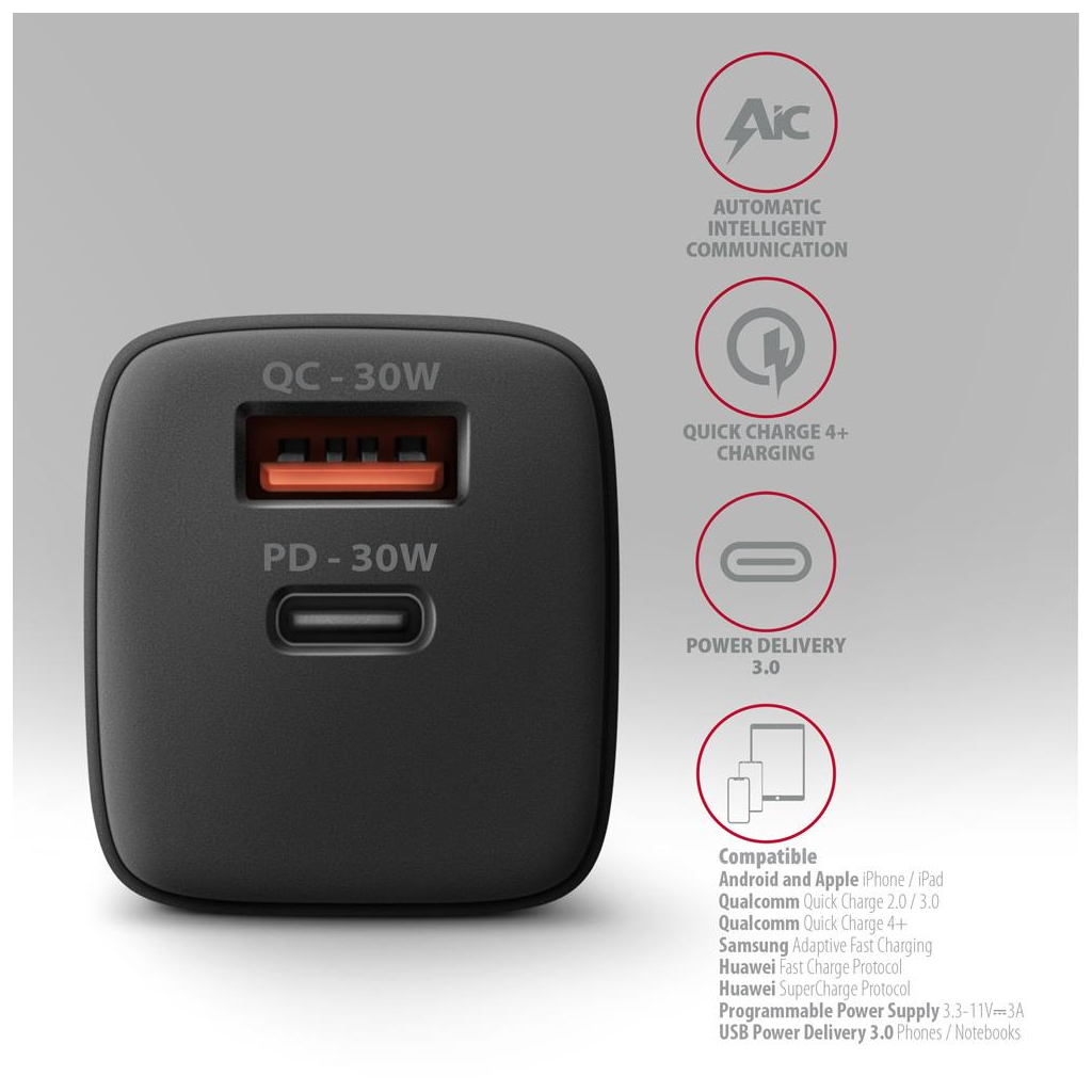 Зарядний пристрій AXAGON 1xUSB QC4.0 + 1xUSB-C PD30W PPS black (ACU-PQ30) - зображення 5