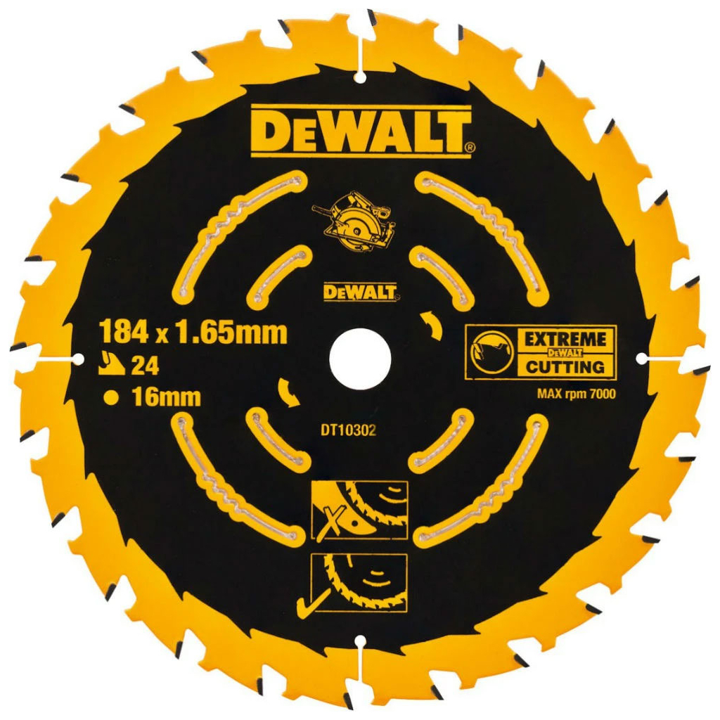 Диск пильний DeWALT EXTREME, 184 х 16, 24 z, ATB, 18 градусів, швидкий різ (DT10302) - зображення 1