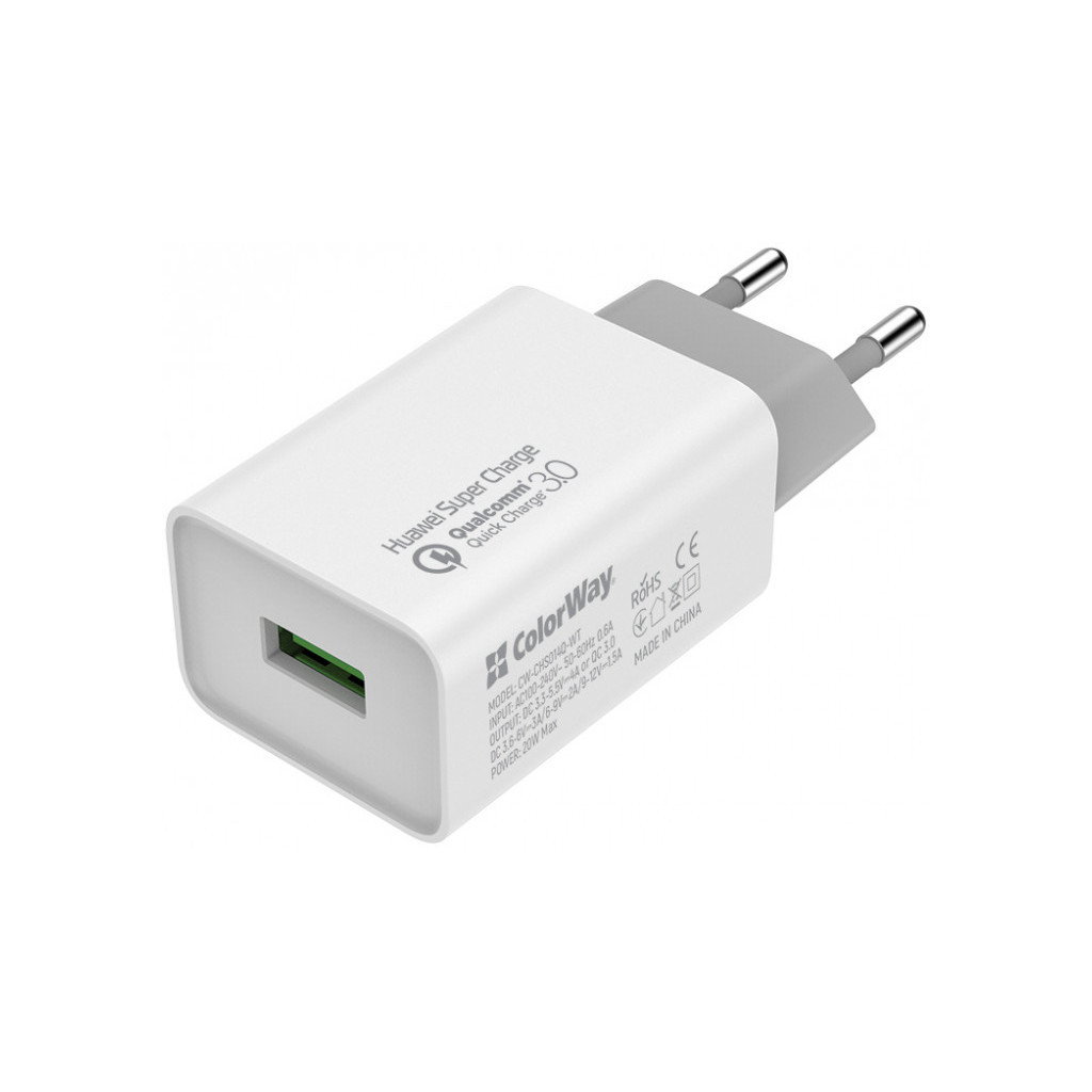 Зарядний пристрій ColorWay 1USB Huawei Super Charge/Quick Charge 3.0, 4A (20W) (CW-CHS014Q-WT) - зображення 1
