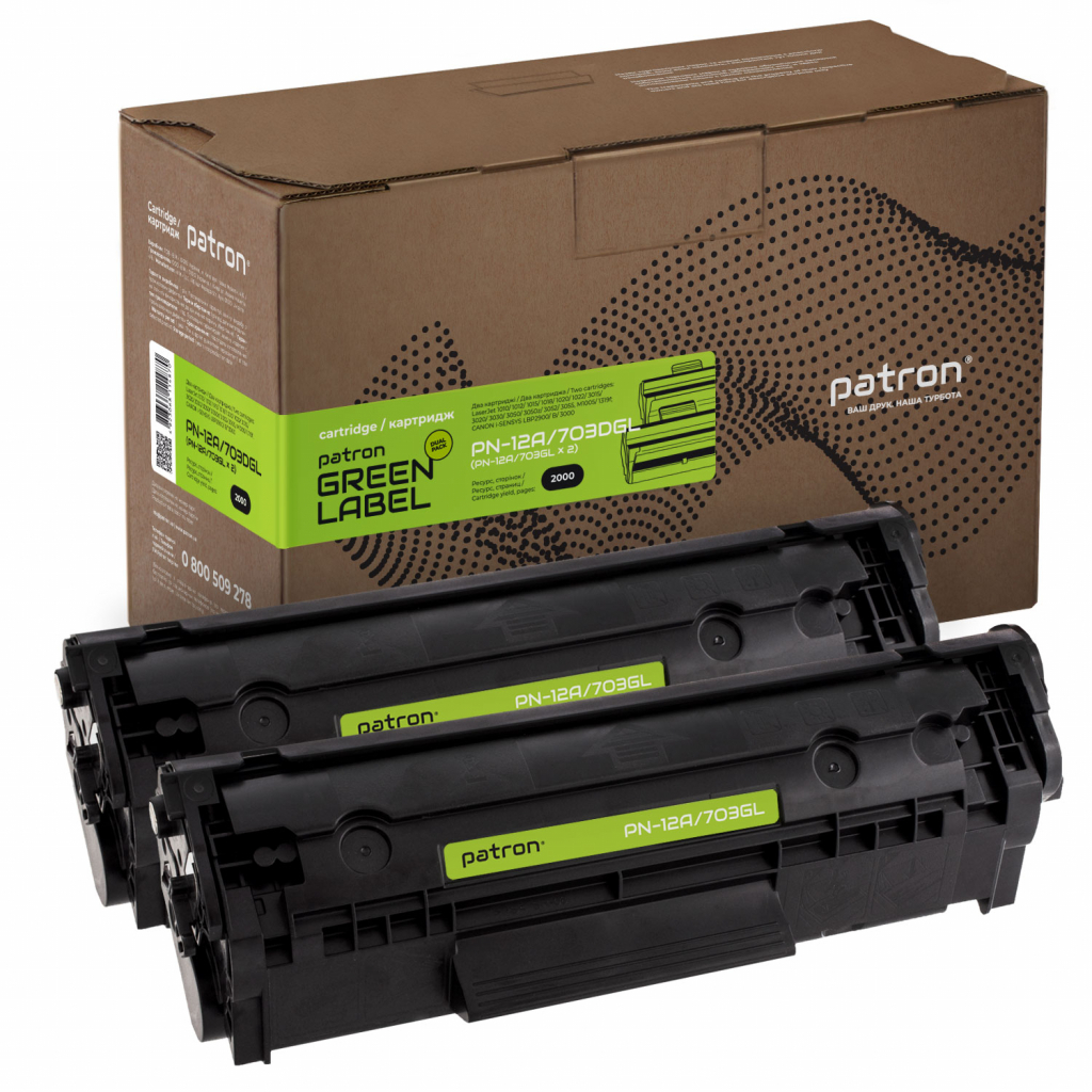 Картридж Patron HP LJ Q2612A/CANON 703 GREEN Label (DUAL PACK) (PN-12A/703DGL) - зображення 1