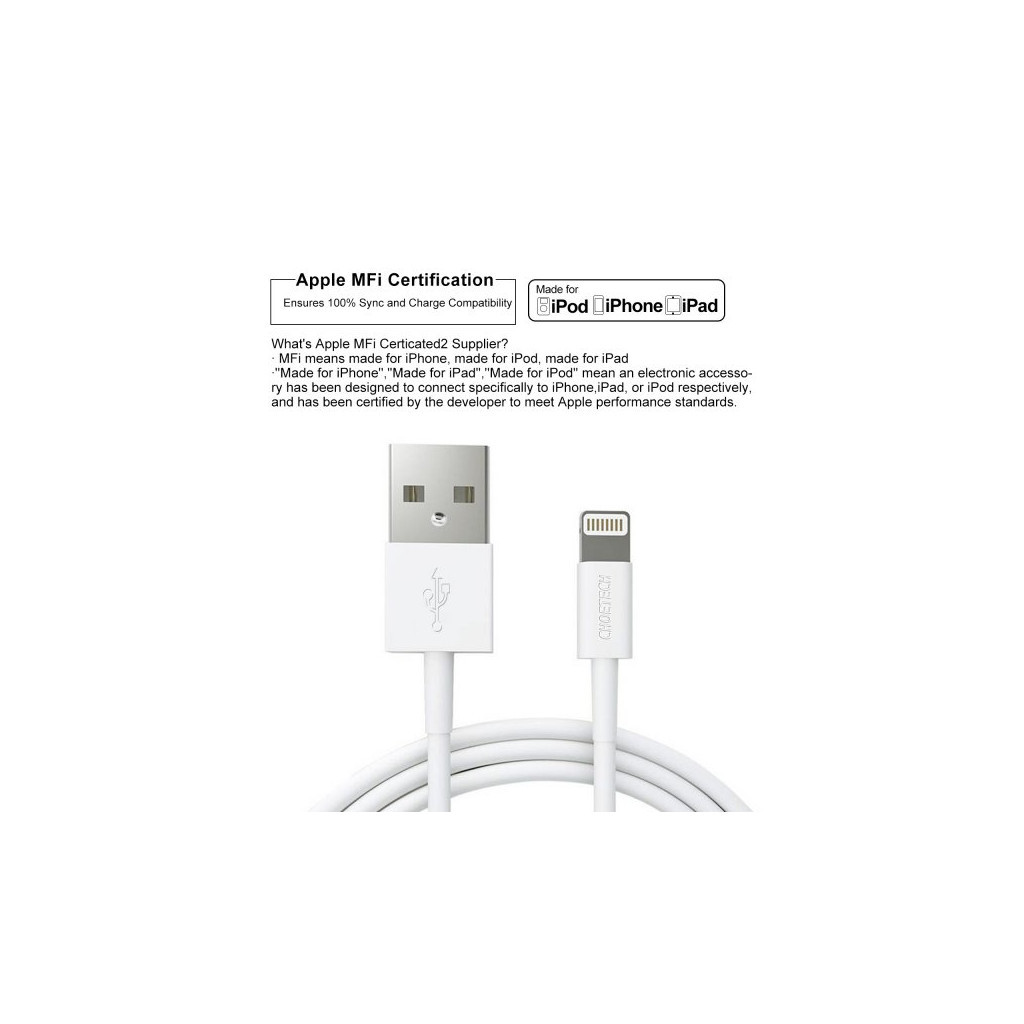 Дата кабель USB 2.0 AM to Lightning 1.8m 2.1A MFI White Choetech (IP0027-WH) - picture 6