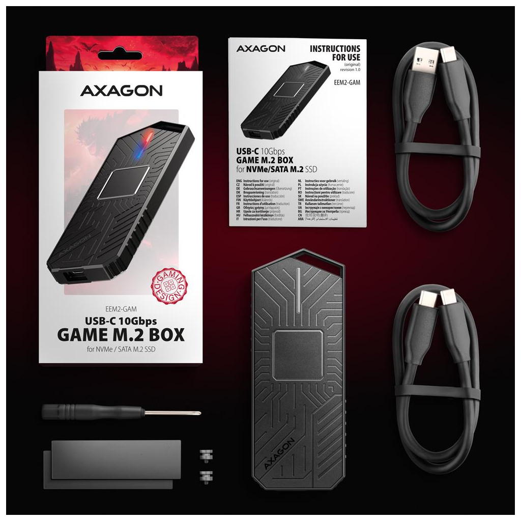 Кишеня зовнішня AXAGON USB-C 10Gbps metal box for M.2 NVMe & SATA SSD GAME (EEM2-GAM) - зображення 4