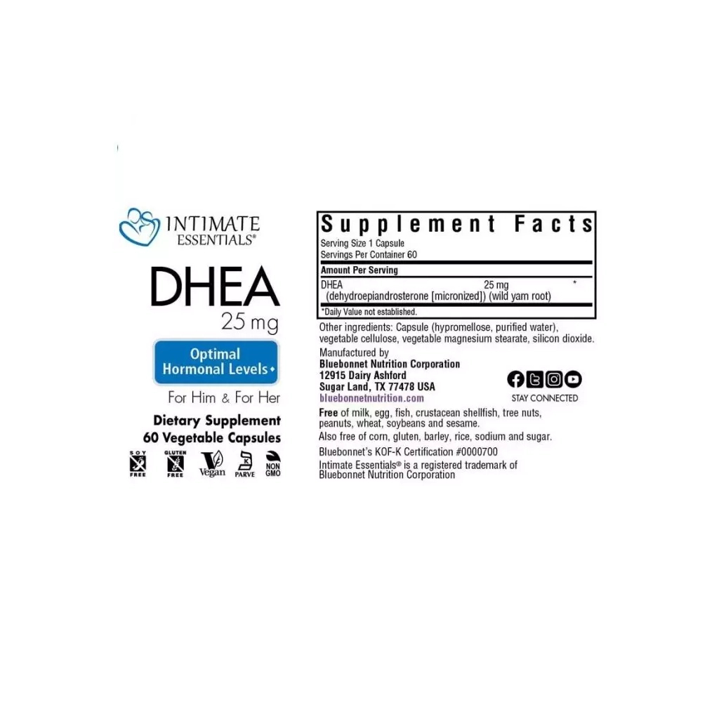 Вітамінно-мінеральний комплекс Bluebonnet Nutrition Дегідроепіандростерон, 25 мг, Intimate Essenitals, DHEA, 60 вегетарі (BLB4016) - зображення 3