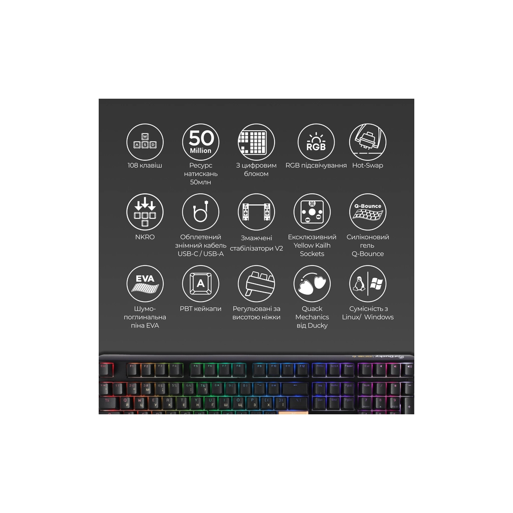 Клавіатура Ducky One 3 Cherry MX Blue RGB UA USB Black (DKON2108ST-CUAPXCLAWSC1) - зображення 4