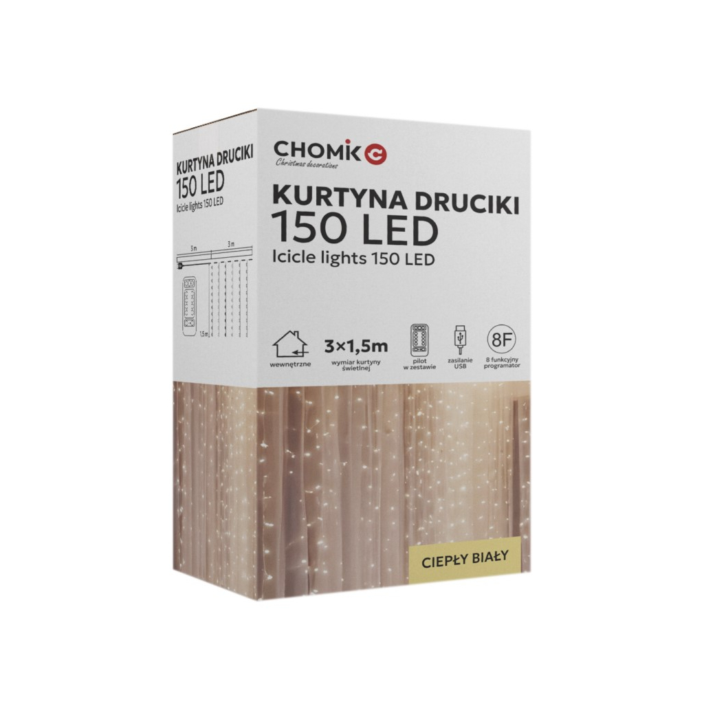 Гірлянда Chomik Штора" 150 LED теплий білий, 3x1,5 м, USB, з пультом, IP20, від мережі (5900779898479) - зображення 1