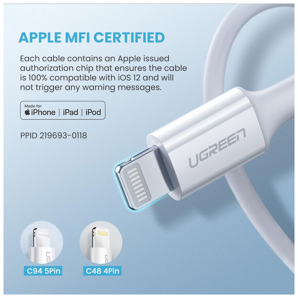 Дата кабель USB-C to Lightning 1.0m US171 MFI White Ugreen (US171/10493) - зображення 5