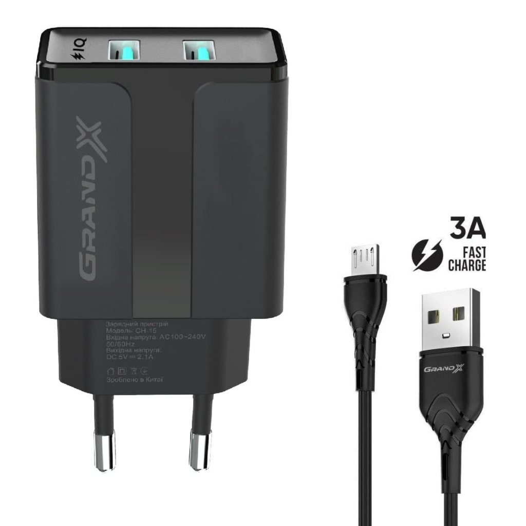 Зарядний пристрій Grand-X CH-15UMB (5V/2,1A + DC cable 2,4А USB -> Micro USB 1m) Black (CH-15UMB) - зображення 1