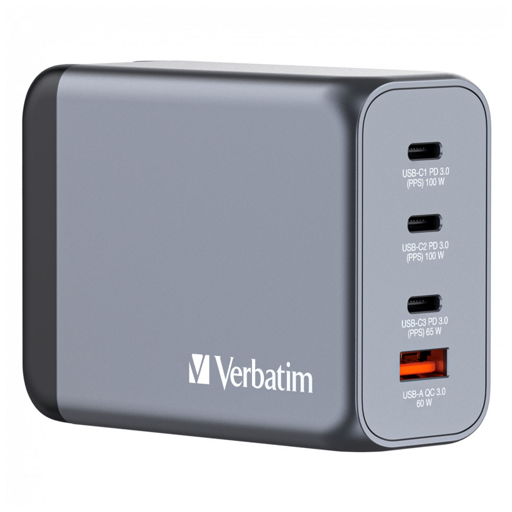Зарядний пристрій Verbatim GaN 200 W 4 ports (2xUSB-C-100 W,USB-C-65 W /USB-A -3.0) (32204) - зображення 1
