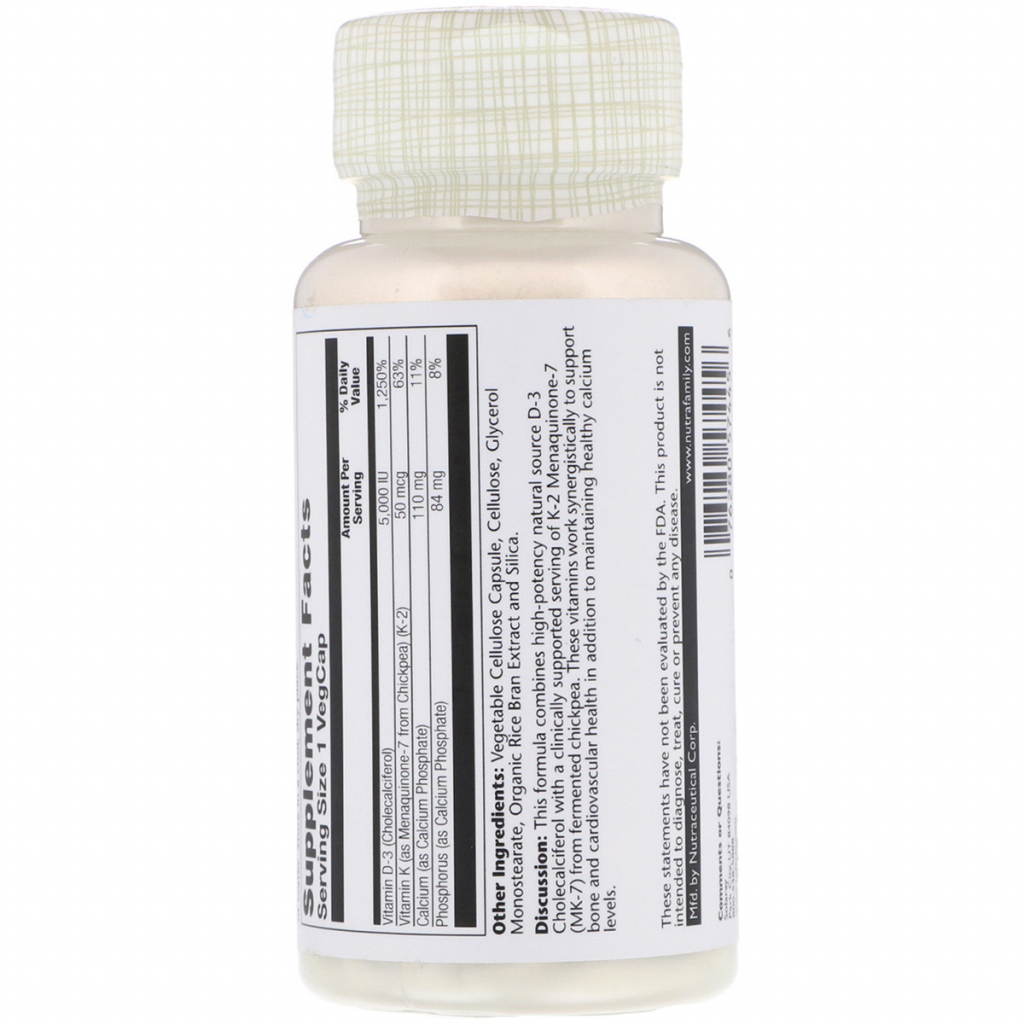 Вітамін Solaray Вітамін D3 + K2, Soy-Free Vitamin D3 + K2, 120 вегетаріанськ (SOR-57445) - зображення 2