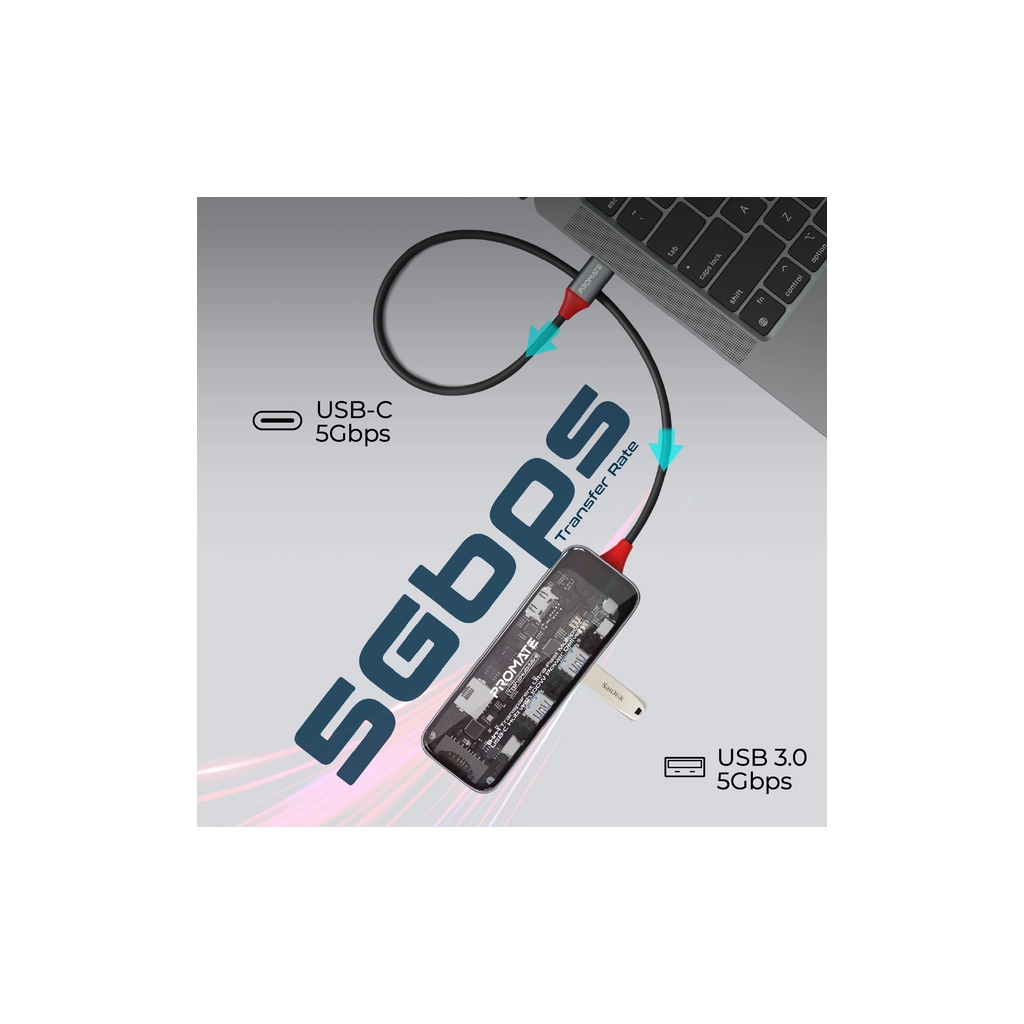 Концентратор Promate USB-C 8-in-1 USB-C PD100W + HDMI 4K60Hz + USBC + 2xUSB 3.0 + RJ45 1000Mbps + SD/MicroSD grey (transhub-mini) - зображення 5