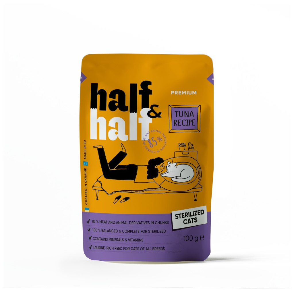 Вологий корм для кішок Half&Half для стерилізованих шматочки з тунцем у соусі 100 г (4820261920888) - зображення 1