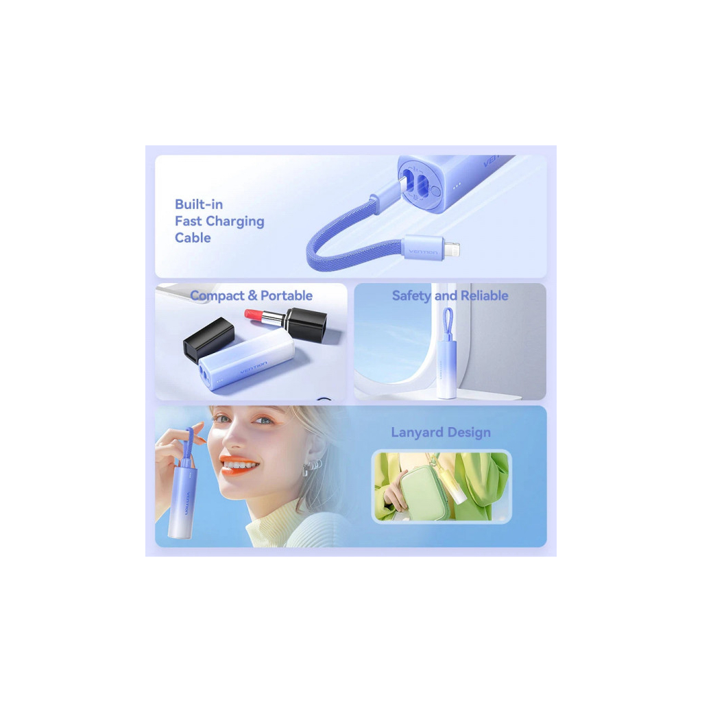 Батарея універсальна VENTION 5000mAh 20W PD, USB-C In/Out, Lightning In/Out, with cable, Gradient Blue (FHWL0) - picture 5