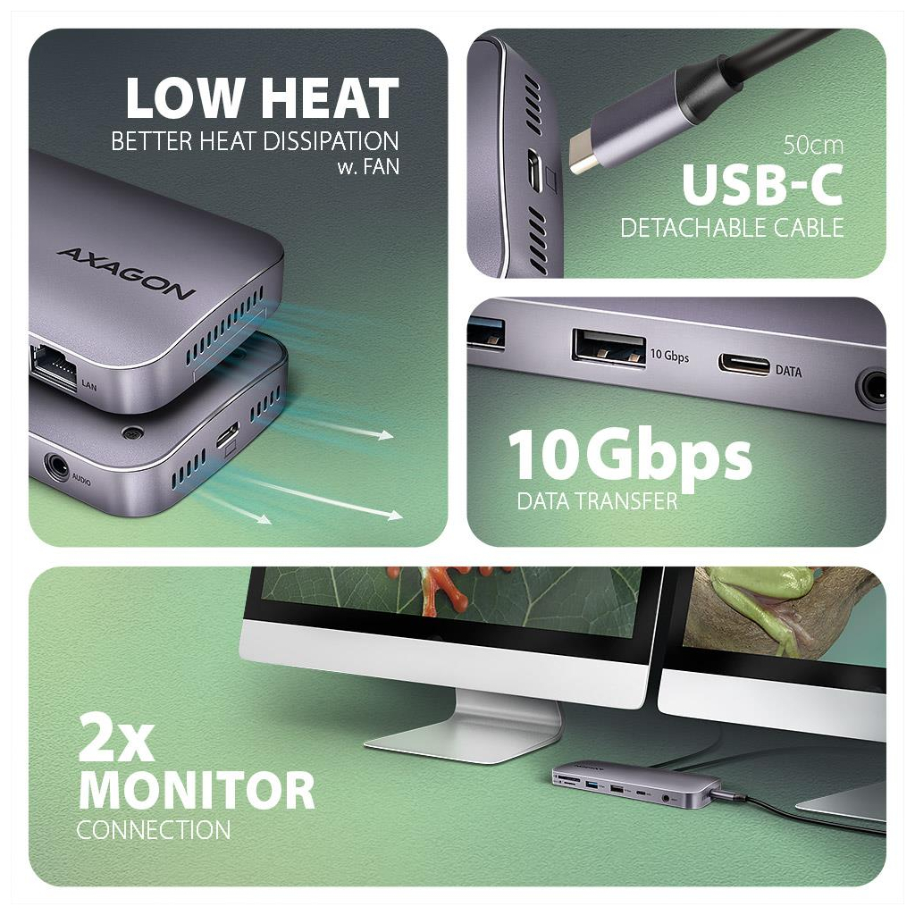 Концентратор AXAGON USB-C 12-in-1 HDMI + DisplayPort + RJ45 1000Mbps + PD100W aluminum gray (HMC-12GM2) - зображення 5