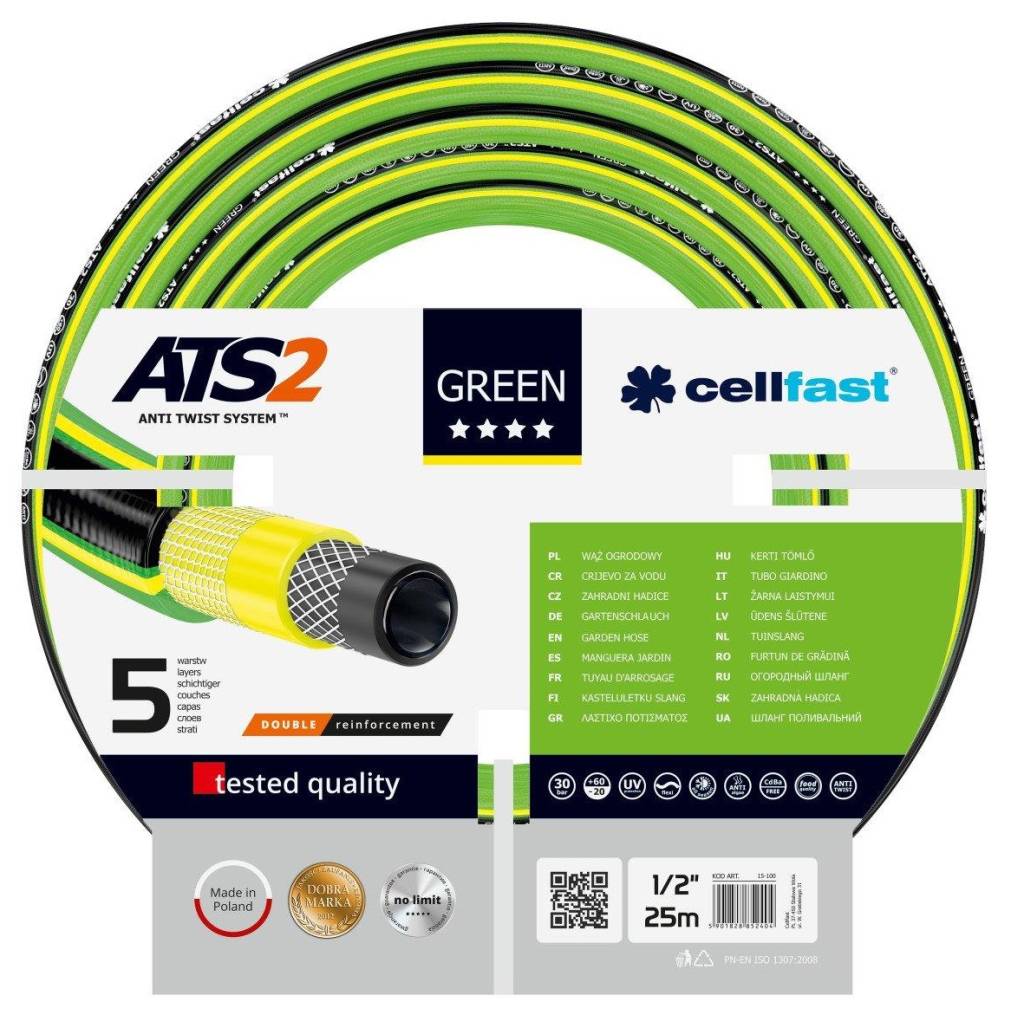 Шланг для поливу Cellfast GREEN ATS, 1/2", 25м, 5 шарів, до 30 Бар, -20…+60°C (15-100) - зображення 1