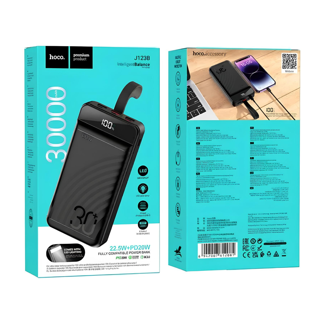 Батарея універсальна HOCO 30000mAh Element PD/20W, QC/22.5W, LED Lamp, Black (J123B / 714735) - зображення 5