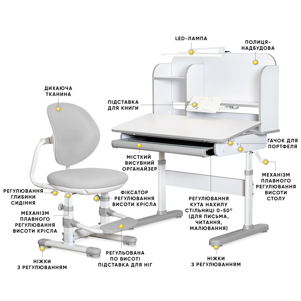 Парта зі стільцем Mealux Nemo XL Grey (полиця + лампа) (BD-39 G) - зображення 2