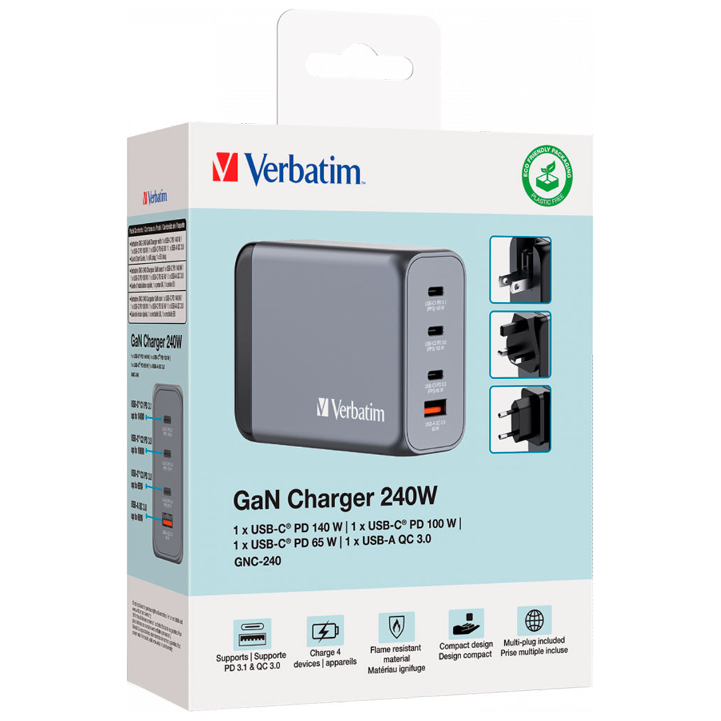 Зарядний пристрій Verbatim GaN 240 W 4 ports (USB-C-140 W,USB-C-100 W,USB-C-65 W /USB-A -3.0) (32205) - зображення 4