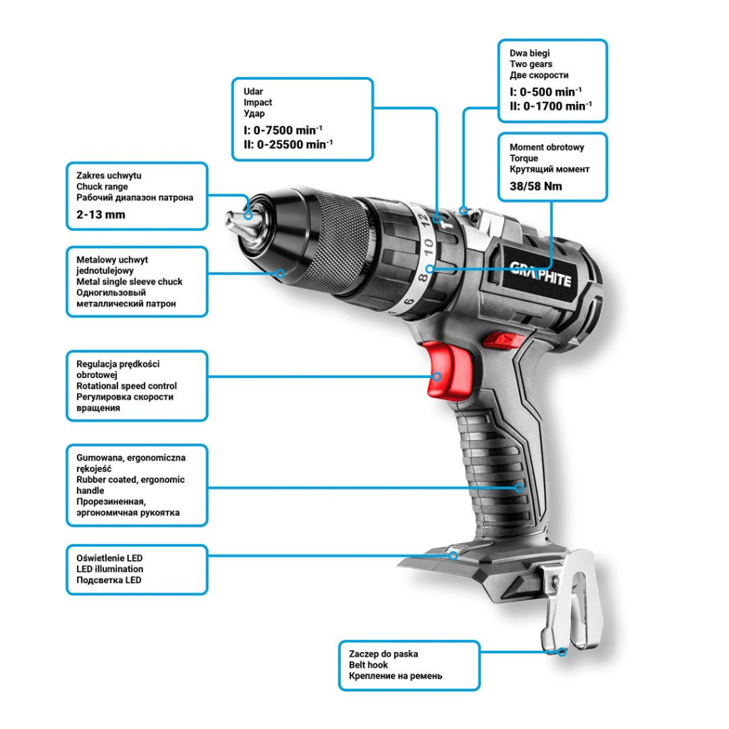 Шуруповерт Graphite Energy+ 18V безщітковий 58Нм, 3 шв., 0-500·0-1700об/хв (без АКБ та ЗП) (58G020) - изображение 12
