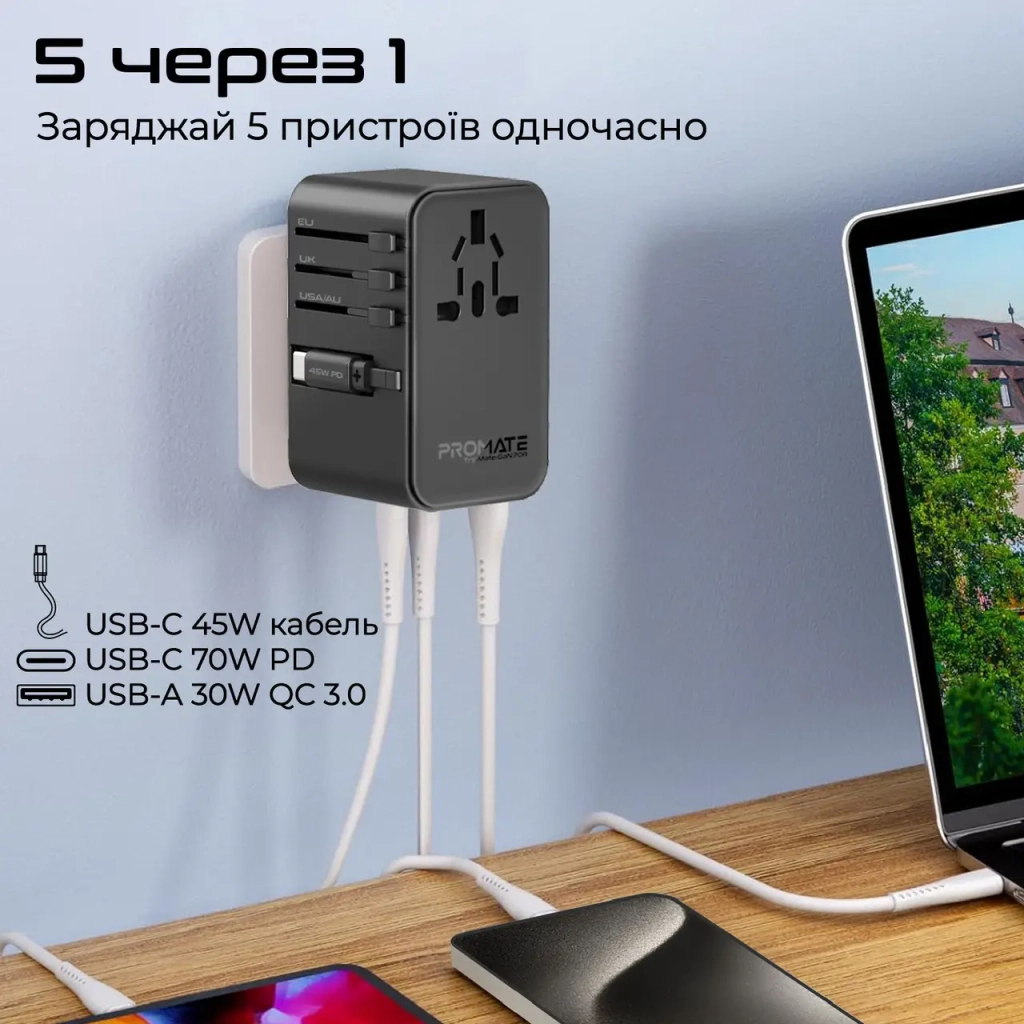 Зарядний пристрій Promate tripmate-gan70r - изображение 6