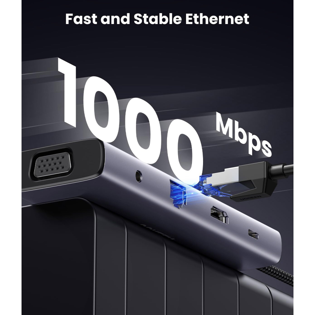 Концентратор Ugreen USB3.1 Type-C to HDMI/VGA/USB 3.0х3/RJ45/SD/TF/PD/35мм TRRS 100W 10-in-1 (15601) - изображение 5