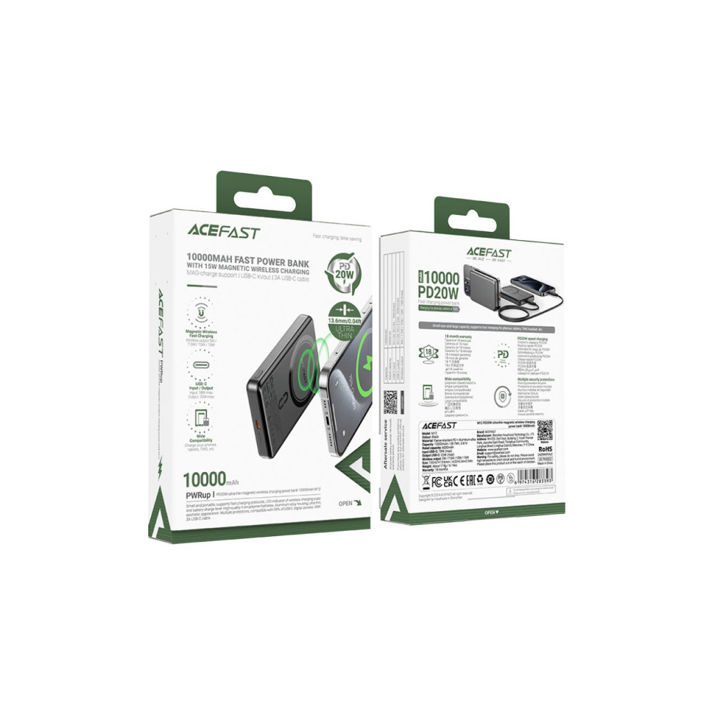Батарея універсальна Acefast Magnetic Wireless 10000mAh 20W PD, QC/3.0, QI 15W, M12 Black (6974316283393) - picture 3