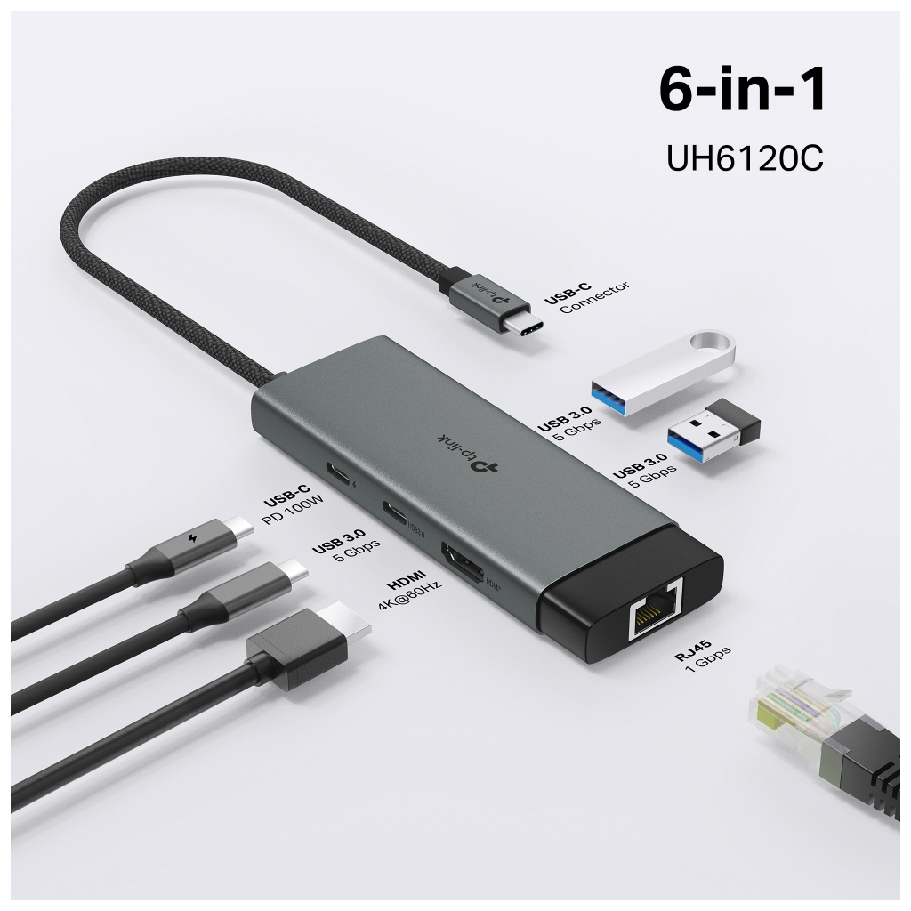 Концентратор TP-Link USB 3.0 6-in-1 2xUSB 3.0 + 1xUSB-C + 1xHDMI + 1xRJ45 + PD 100W (UH6120C) - зображення 6