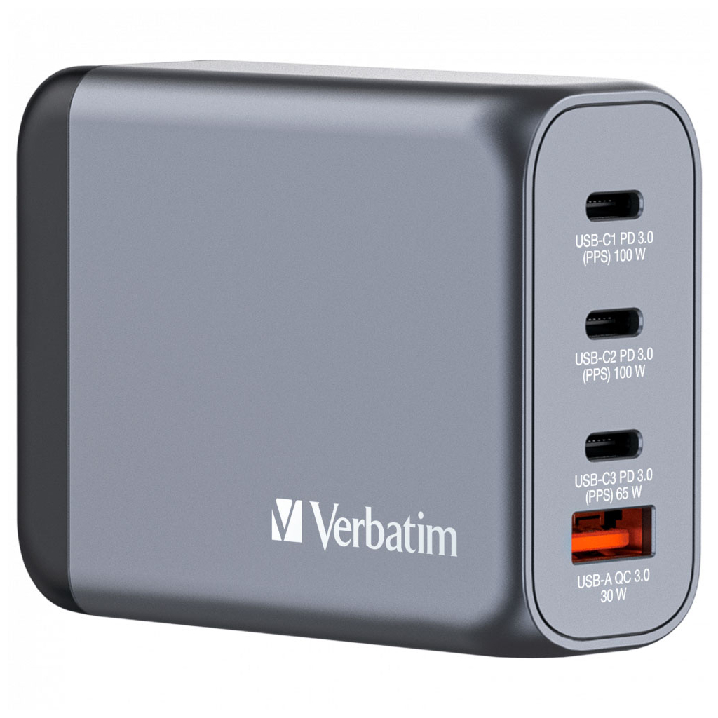 Зарядний пристрій Verbatim GaN 100 W 4 ports (2xUSB-C-100 W,USB-C 65 W /USB-A -3.0) (32202) - зображення 1