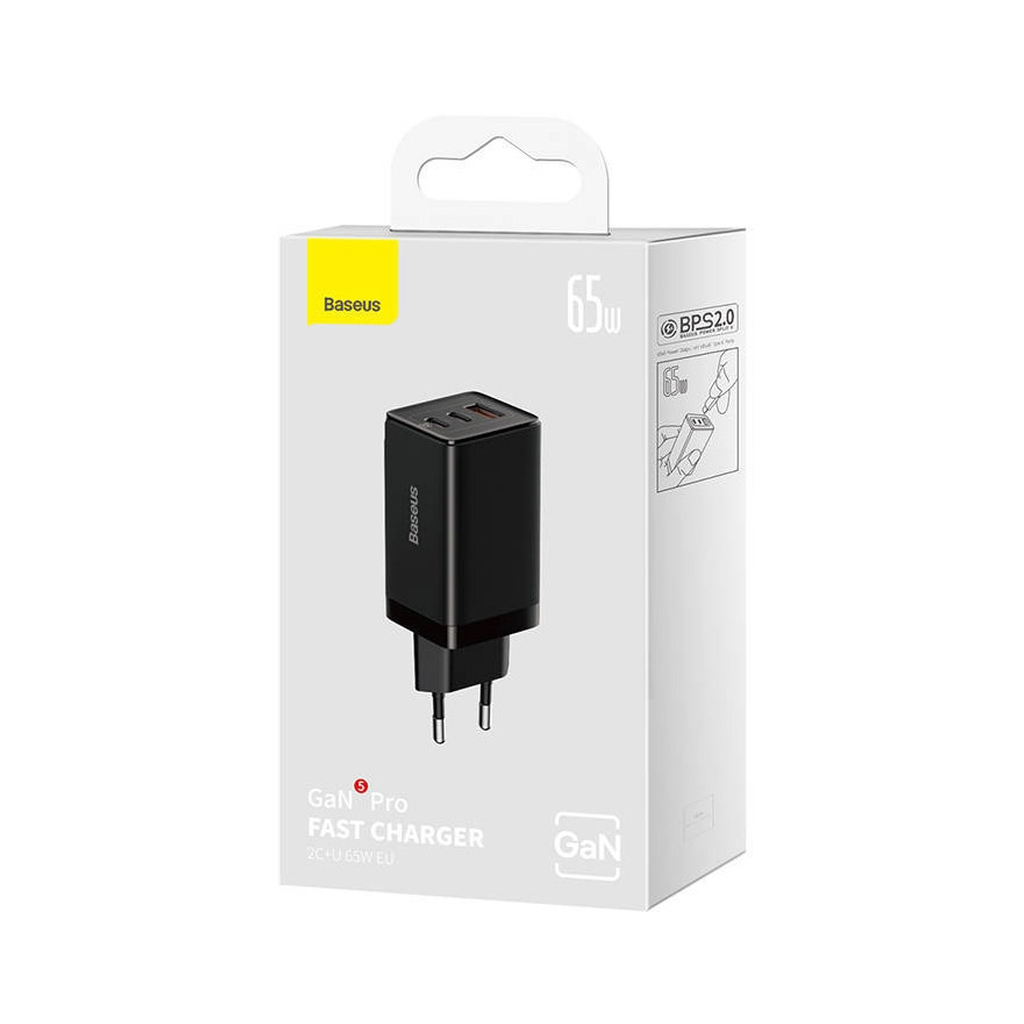 Зарядний пристрій Baseus 2xUSB-C 65W + 1xUSB GaN + cable USB-C to USB-C 100W 1.0m black (CCGP120201) - изображение 6
