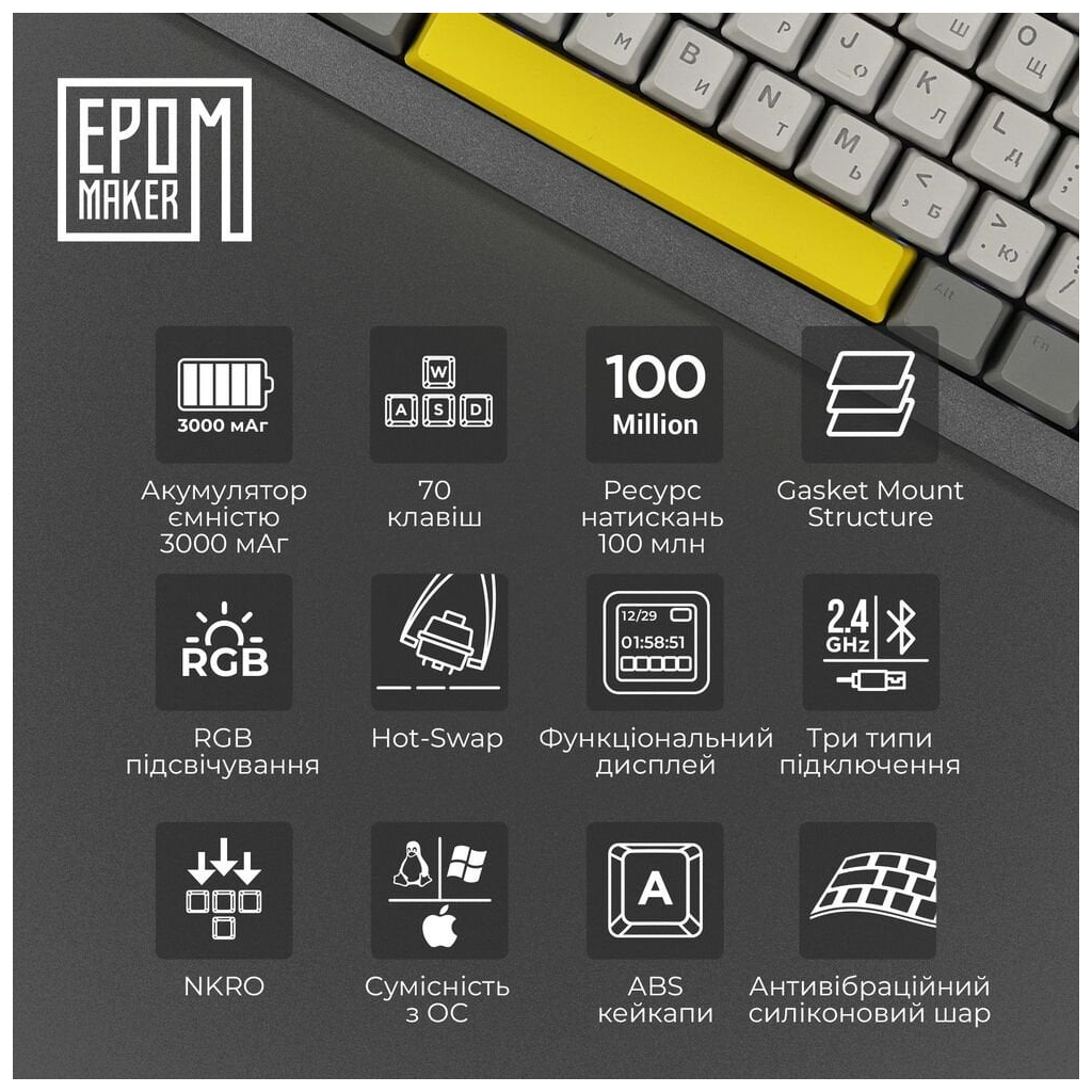 Клавіатура Epomaker Shadow-X 70 Flamingo Switch Hot-Swap LCD Screen RGB Wireless/Bluetooth/USB UA Black (SHX-B-F) - зображення 9