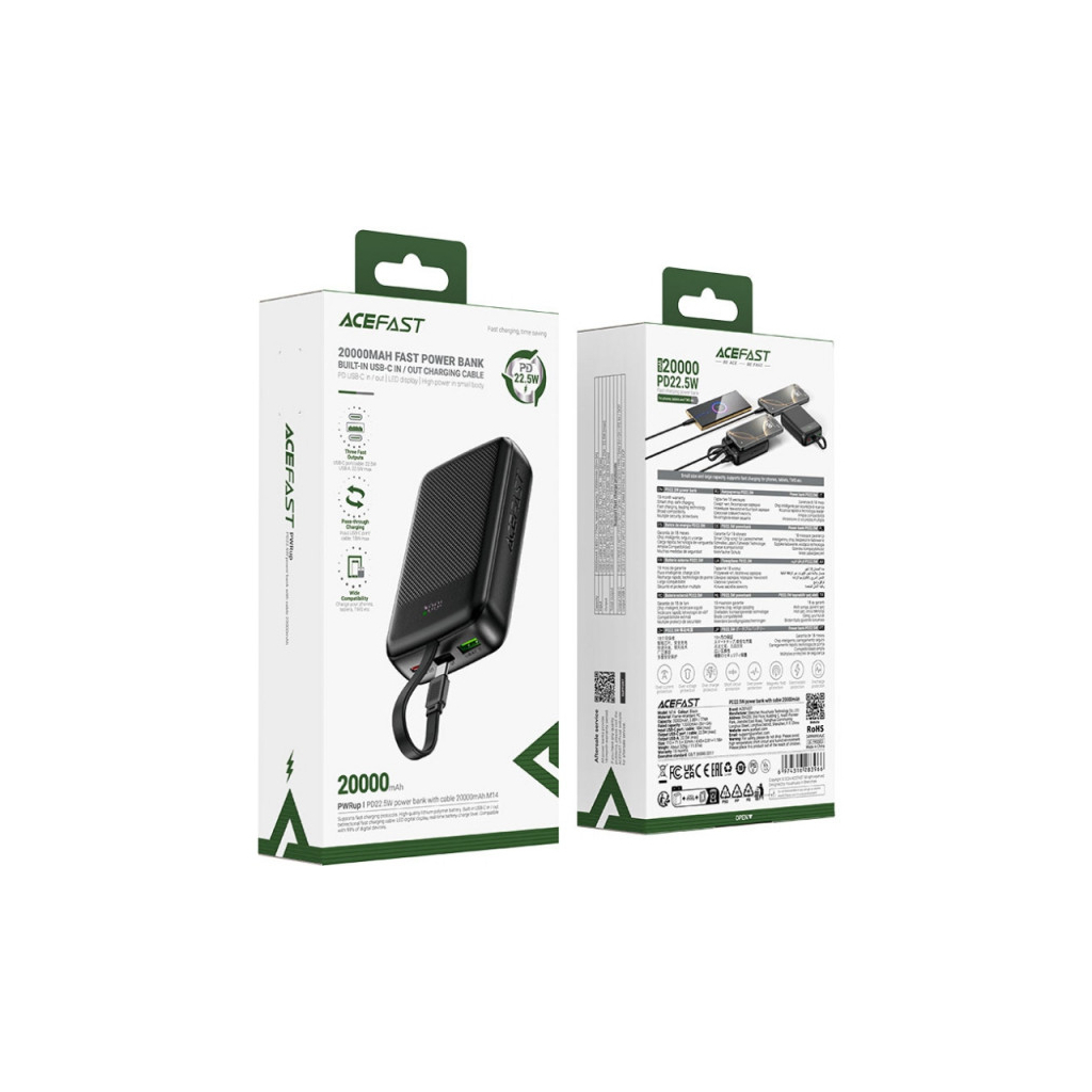 Батарея універсальна Acefast 20000mAh 22,5W PD, QC/3.0 USB-A+USB-C In/Out,build-in cable M14 Black (6974316283966) - зображення 5