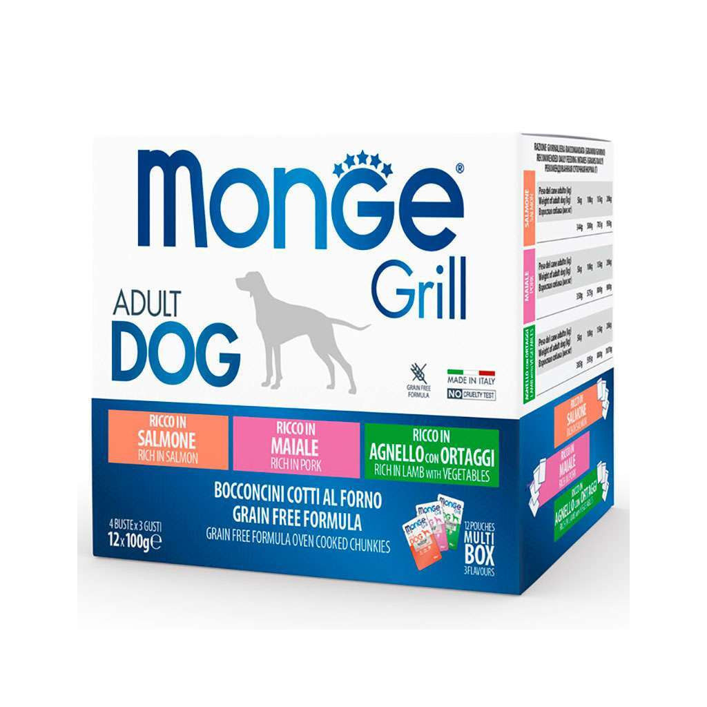 Вологий корм для собак Monge Dog Grill Mix Lamb&Pork&Salmon 12*100 г (8009470017503) - зображення 1