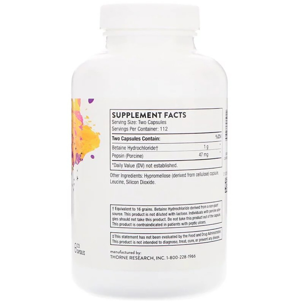 Вітамінно-мінеральний комплекс Thorne Research Бетаїн HCL і Пепсин, Betaine HCL & Pepsin, 225 капсул (THR-41502) - зображення 2