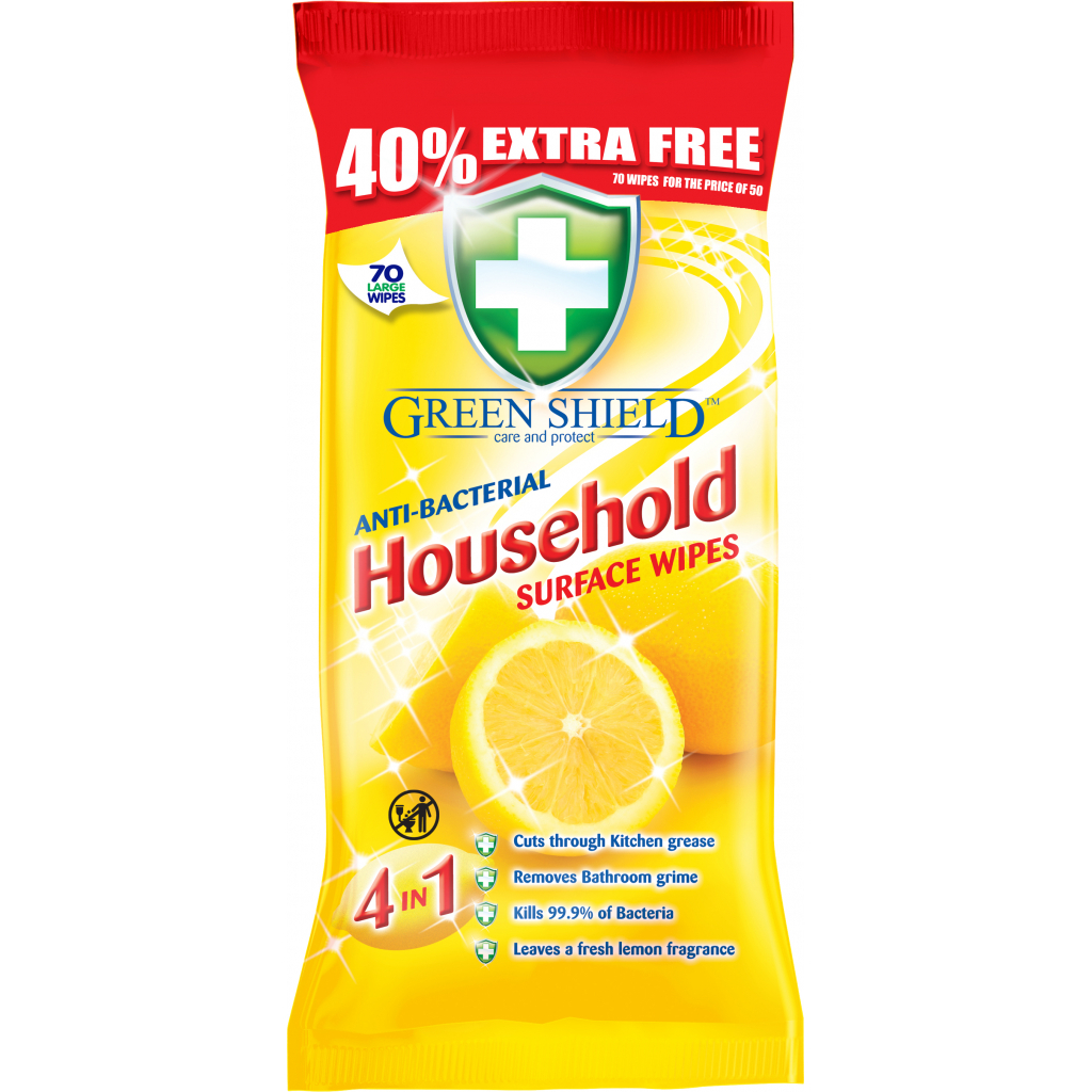 Серветки для прибирання Green Shield Household антибактеріальні для побутових поверхонь 70 шт. (5060110225316) - зображення 1