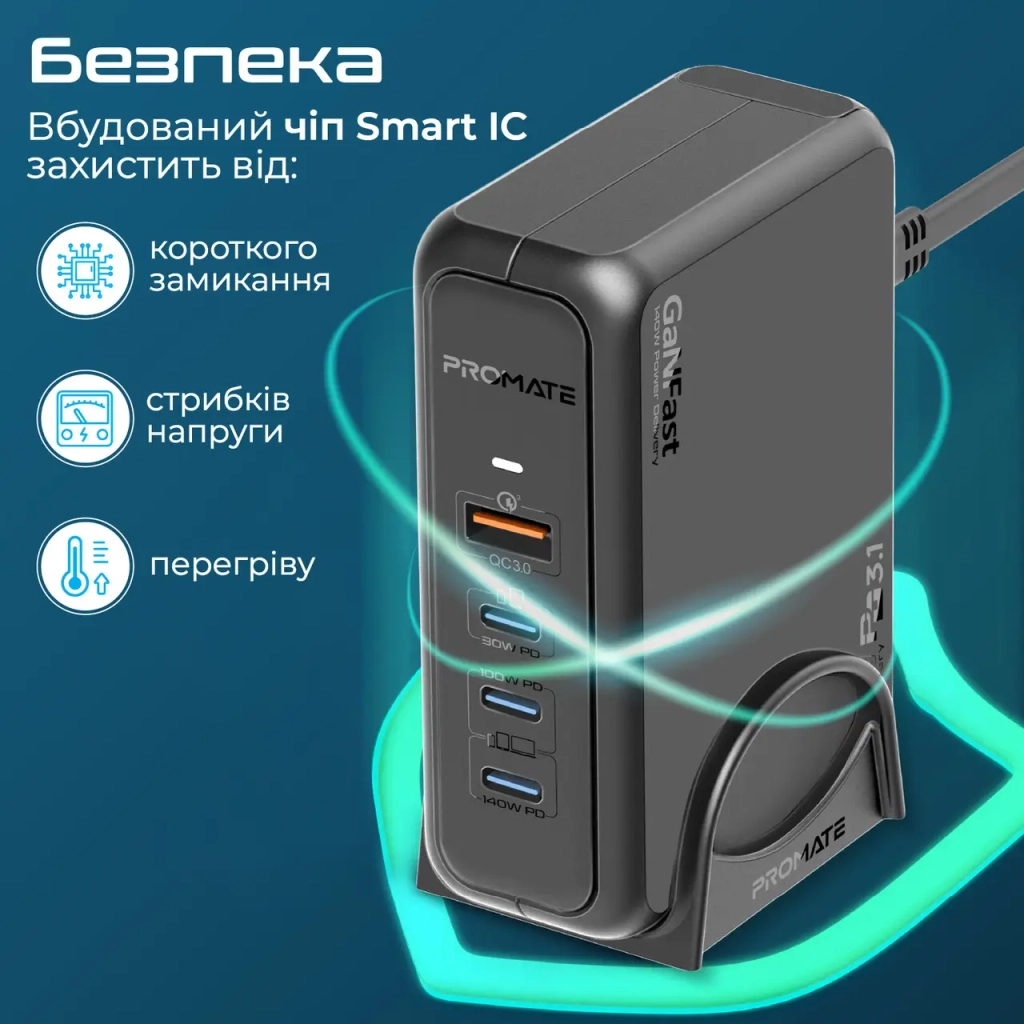 Зарядний пристрій Promate ganport-140w.black - зображення 8