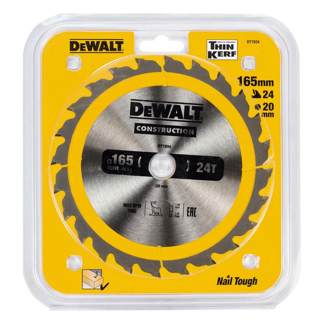 Диск пильний DeWALT CONSTRUCTION, 165х20 мм, 24z (ATB), +10 град (DT1934) - зображення 2
