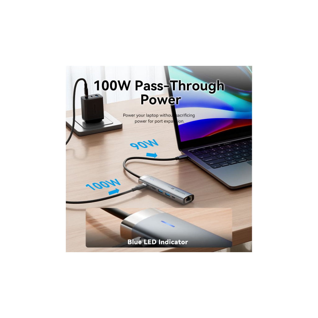 Концентратор VENTION USB-C 6-in-1 HDMI + 2xUSB 3.0 + RJ45 + PD 100W (TGNHB) - зображення 8