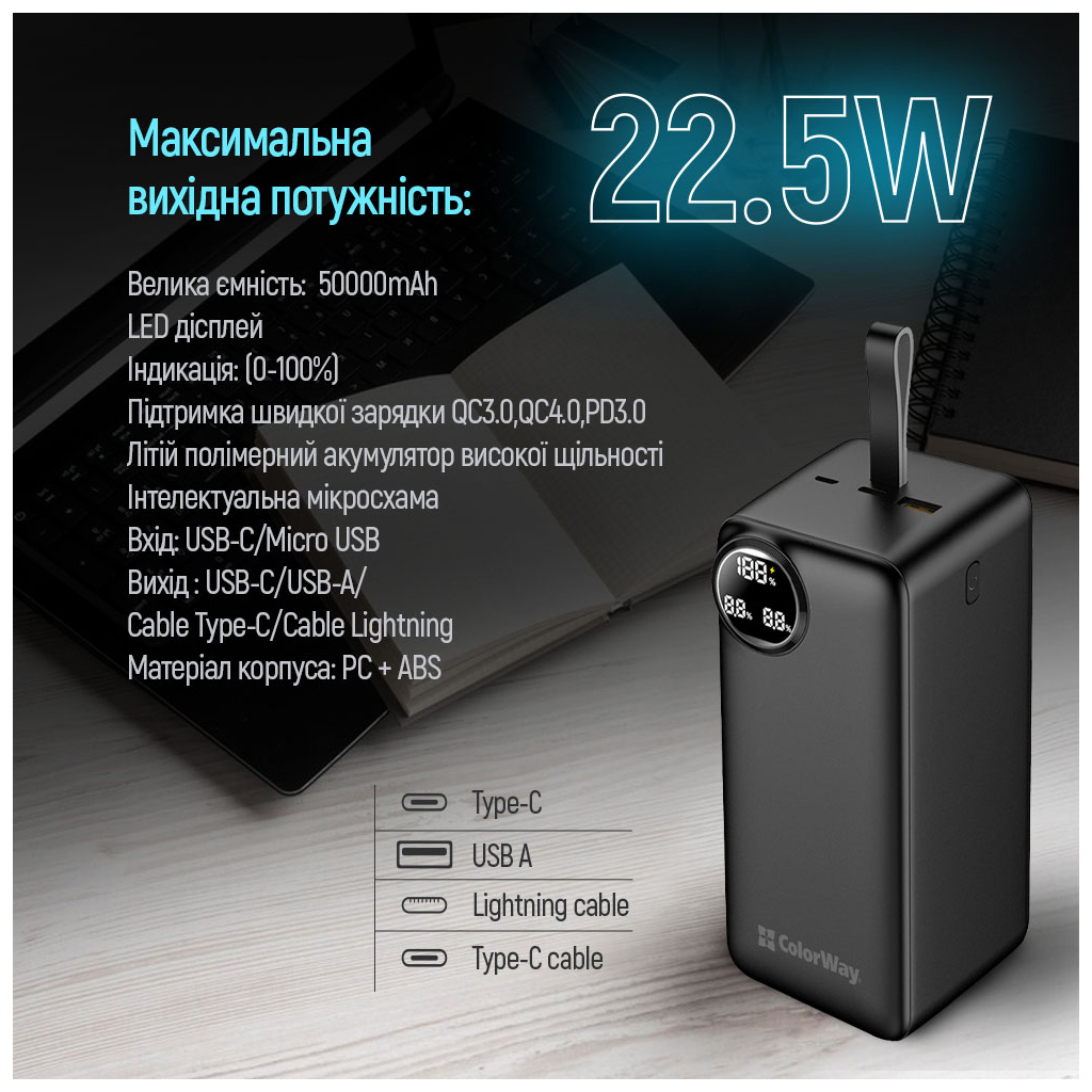 Батарея універсальна ColorWay 50 000 mAh PD/22.5W, QC/3.0, black (CW-PB500LPA4BK-PDD) - зображення 9